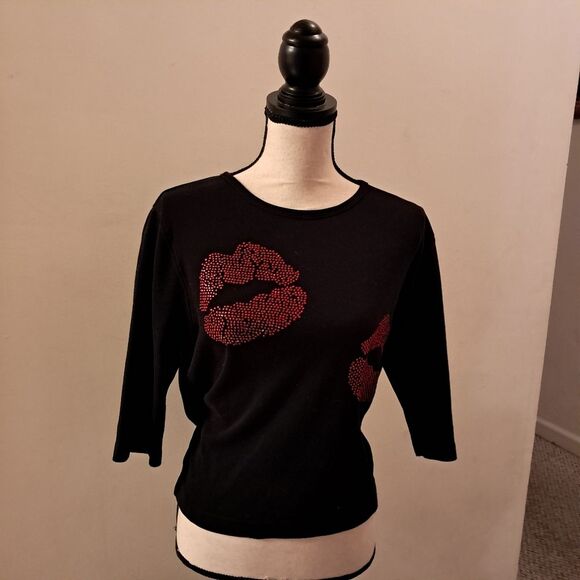 Issac Designs top women's medium M lips rhinestones black red novelty valentines - Picture 1 of 12